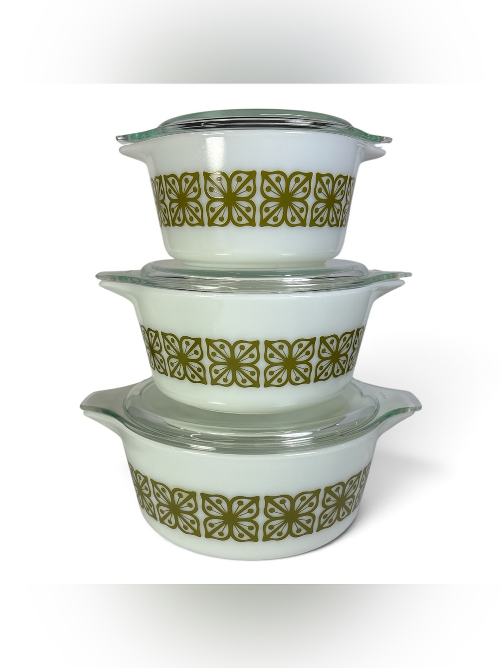 Pyrex Verde Square Flowers Cinderella Casserole Baking Dish Set 3 Pc 473 474 475